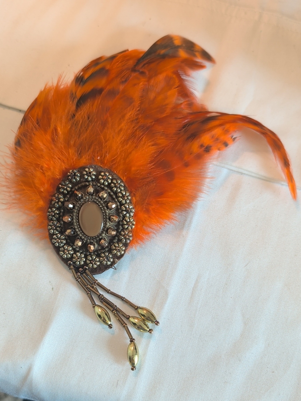 Vintage-Inspired Orange Feather Brooch/ Hair Clip with Crystal Accents